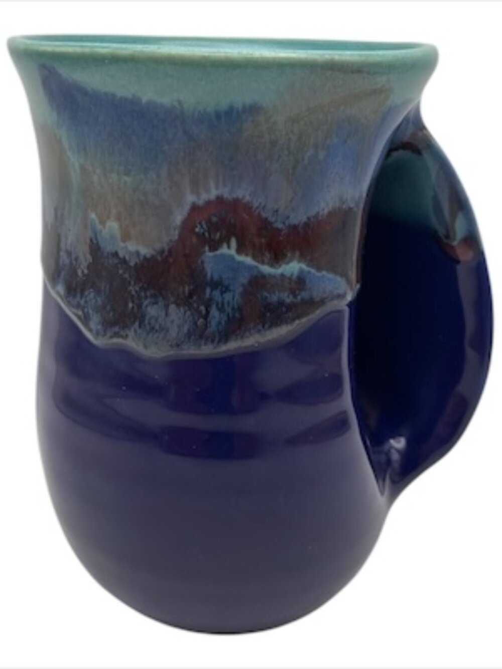 2011  Neher Pottery Right Handed Mug Hand Warmer Blue Navy Green Made In USA EUC